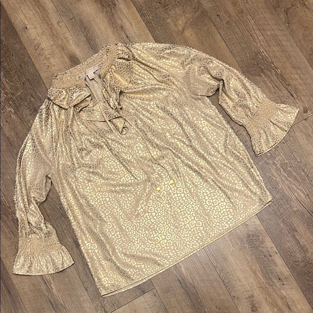 MICHAEL Michael Kors Gold Leopard Sailor Collar Ruffled Blouse w/Flare Sleeves 💛 - Picture 4 of 12